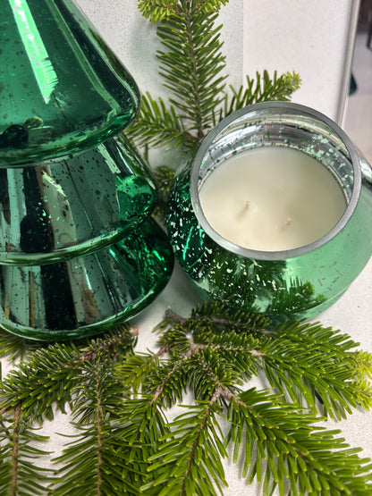 Green Christmas tree glass candle. Beautiful electroplated glass that the flame flickers through.