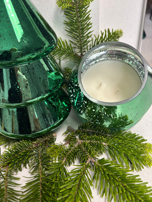 Green Christmas tree glass candle. Beautiful electroplated glass that the flame flickers through.